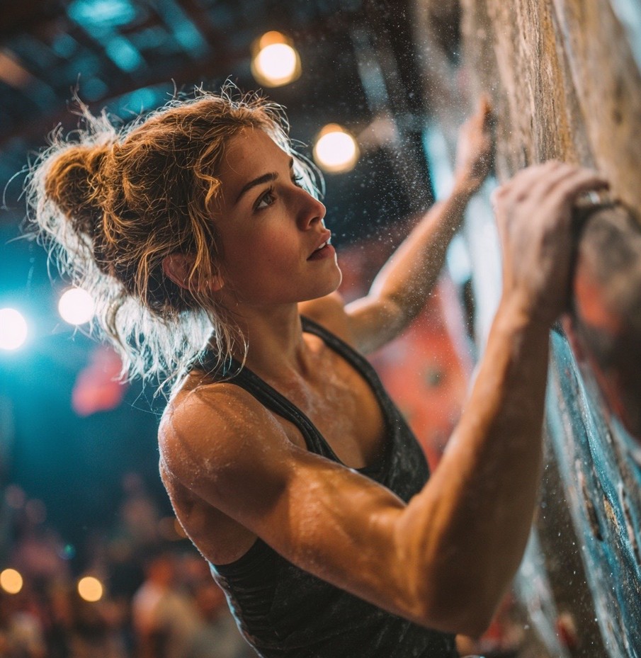 Climber mid-dyno on overhang